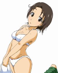 Rule 34 | 10s, 1girl, :o, arched back, bare shoulders, barefoot, blush, bra, breasts, brown eyes, brown hair, cleavage, clothes pull, collarbone, cowboy shot, girls und panzer, green skirt, hip bones, holding, holding clothes, leg up, looking at viewer, medium breasts, nana (manaita koumuten), panties, parted bangs, parted lips, sawa azusa, short hair, simple background, skirt, skirt pull, solo, standing, standing on one leg, thighs, underwear, white background, white bra, white panties