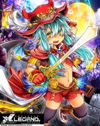 Rule 34 | belt, boots, cape, flat chest, fujiwara akina, green hair, hat, midriff, moon, pointy ears, shorts, solo, sword, thighhighs, weapon, wings, x legend, yellow eyes