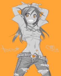 Rule 34 | + +, 1girl, \m/, ahoge, arms up, belt, breasts, character name, cowboy shot, crop top, crybringer, dark elf, dated, demon mages, denim, double \m/, elf, greyscale, greyscale with colored background, grin, highres, jeans, long hair, midriff, monochrome, navel, no bra, open fly, orange background, pants, pointy ears, safety pin, shirt, sketch, small breasts, smile, solo, studded belt, t-shirt, tara olphoros, torn clothes, torn jeans, torn pants, unzipped
