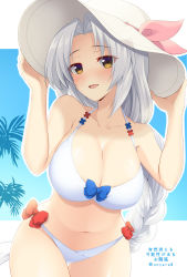 Rule 34 | 1girl, :d, alternate eye color, artist name, bad id, bad pixiv id, bare arms, bare shoulders, bikini, blue background, blue bow, blush, bow, braid, breasts, brown eyes, cleavage, collarbone, commentary request, cowboy shot, halterneck, hands on headwear, hands up, hat, hat ribbon, large breasts, long braid, long hair, looking at viewer, navel, nnyara, open mouth, outline, palm tree, pink ribbon, red bow, ribbon, sidelocks, silver hair, smile, solo, standing, stomach, sun hat, swimsuit, thigh gap, thighs, touhou, translation request, tree, twitter username, two-tone background, very long hair, white background, white bikini, white hat, white outline, yagokoro eirin