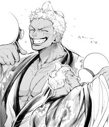 Rule 34 | 1boy, absurdres, alcohol, bara, drinking, gourd, greyscale, grin, happy aura, highres, japanese clothes, kimono, large pectorals, male focus, monochrome, multiple views, muscular, muscular male, nowosuke, one piece, pectoral cleavage, pectorals, roronoa zoro, sake, scar, scar across eye, short hair, smile, topknot, veins, veiny arms