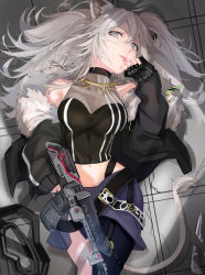 Rule 34 | 1girl, absurdres, ahoge, animal ears, black coat, black nails, black shirt, black skirt, black thighhighs, breasts, cleavage, closed mouth, coat, commentary, covered navel, cropped shirt, earrings, eyelashes, from above, fur-trimmed coat, fur trim, goggles, unworn goggles, grey eyes, gun, highres, holding, holding gun, holding weapon, hololive, huge filesize, jewelry, lion ears, long hair, looking at viewer, lying, machine gun, medium breasts, merah drow, midriff, miniskirt, nail polish, navel, necklace, o-ring, off shoulder, on back, open clothes, open coat, partially unzipped, see-through, see-through cleavage, shirt, shishiro botan, shishiro botan (1st costume), silver hair, single thighhigh, skirt, sleeves past wrists, solo, thighhighs, tongue, tongue out, virtual youtuber, weapon, zipper skirt