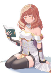 Rule 34 | 1girl, bare shoulders, black gloves, black thighhighs, blunt bangs, book, buttons, cape, celica (fire emblem), choker, collarbone, detached collar, dress, elbow gloves, fingerless gloves, fire emblem, fire emblem echoes: shadows of valentia, gloves, highres, holding, holding book, looking at viewer, nintendo, orange eyes, orange hair, revvie, shy, simple background, solo, thighhighs, tiara, white background, white dress