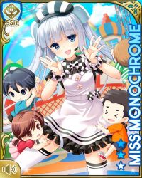 Rule 34 | 2girls, 3boys, :d, black dress, black footwear, blue eyes, blunt bangs, bow, bowtie, card, character name, checkered bow, checkered bowtie, checkered clothes, checkered headwear, child, day, dress, girlfriend (kari), hat, indoors, kindergarten, miss monochrome, miss monochrome (character), multiple boys, multiple girls, official art, open mouth, qp:flapper, smile, solo, standing, standing on one leg, tagme, thighhighs, twintails, white hair