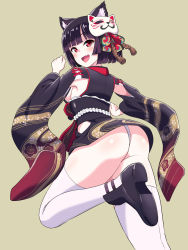 Rule 34 | 1girl, :d, animal ears, ass, azur lane, black footwear, black hair, blush, breasts, cat ears, fang, fox mask, hair ribbon, highres, hip vent, japanese clothes, kanabuso, kimono, long sleeves, looking at viewer, mask, mask on head, open mouth, panties, red eyes, ribbon, running, short hair, short kimono, sideboob, smile, solo, standing, standing on one leg, thighhighs, thong, underwear, white panties, white thighhighs, wide sleeves, yamashiro (azur lane)