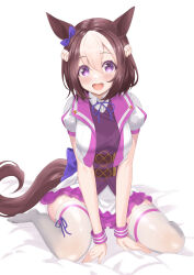 Rule 34 | 1girl, absurdres, animal ears, blush, bow, braid, brown hair, collared shirt, commentary request, cropped jacket, ear bow, french braid, hair between eyes, highres, horse ears, horse girl, horse tail, jacket, looking at viewer, multicolored hair, open mouth, pleated skirt, puffy short sleeves, puffy sleeves, purple bow, purple eyes, purple shirt, shirt, short hair, short sleeves, simple background, sitting, skirt, solo, special week (umamusume), streaked hair, tail, teeth, thighhighs, tsuyusora, umamusume, upper teeth only, wariza, white background, white hair, white jacket, white shirt, white skirt, white thighhighs