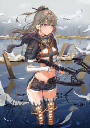 Rule 34 | 1girl, animal, bird, black bow, black footwear, black jacket, black shorts, black thighhighs, blush, boots, bow, bow (weapon), brown hair, closed mouth, cropped legs, cross-laced footwear, crossbow, elbow gloves, fingerless gloves, fingernails, gloves, hair between eyes, hair bow, high ponytail, highres, holding, holding crossbow, holding weapon, hood, hood down, hooded jacket, jacket, lace-up boots, lloule, long hair, midriff, navel, original, purple eyes, reflection, seagull, short shorts, short sleeves, shorts, solo, standing, star (symbol), striped clothes, striped thighhighs, thigh boots, thighhighs, thighhighs under boots, vertical-striped clothes, vertical-striped thighhighs, very long hair, wading, water, weapon, white gloves