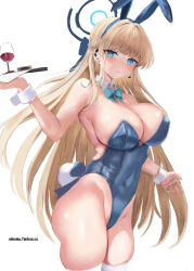 Rule 34 | 1girl, absurdres, aimu (angry9565), animal ears, aqua bow, aqua bowtie, armpits, bare hips, bare shoulders, blonde hair, blue archive, blue eyes, blue hairband, blue leotard, blush, bow, bowtie, braid, breasts, cleavage, closed mouth, collarbone, covered navel, cowboy shot, detached collar, earpiece, fake animal ears, fake tail, fanbox username, french braid, hair bow, hair ribbon, hairband, halo, highleg, highleg leotard, highres, holding, holding tray, large breasts, leotard, long hair, looking at viewer, official alternate costume, playboy bunny, rabbit tail, ribbon, simple background, skindentation, solo, strapless, strapless leotard, tail, thighhighs, thighs, toki (blue archive), toki (bunny) (blue archive), tray, two-tone leotard, very long hair, white background, white thighhighs, white wrist cuffs, wrist cuffs