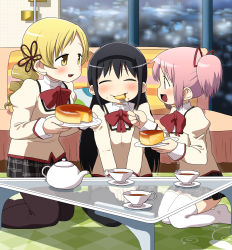 Rule 34 | 10s, 3girls, :d, akemi homura, beige vest, black hair, black hairband, black legwear, blonde hair, blush, bow, brown legwear, cake, cheesecake, closed eyes, collared shirt, couch, crumbs, cup, drill hair, feeding, flower hair ornament, food, food on face, fork, glass, glass table, hair ornament, hair ribbon, hairband, half-closed eyes, highres, indoors, kaname madoka, kneeling, long hair, long sleeves, mahou shoujo madoka magica, mahou shoujo madoka magica (anime), matching hair/eyes, mitakihara school uniform, multiple girls, open mouth, pantyhose, pillow, pink eyes, pink hair, plaid, plaid skirt, pleated skirt, profile, red bow, red neckwear, red trim, ribbon, rug, school uniform, seiza, shirt, short hair, sitting, skirt, smile, table, tea, teacup, teapot, thighhighs, tomoe mami, twin drills, twintails, v arms, wall, wariza, white legwear, white shirt, window, yellow eyes, yoshino norihito