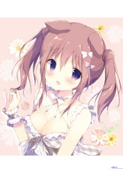 Rule 34 | 1girl, :d, animal ears, bare shoulders, blue nails, blush, bow, breasts, brown background, cleavage, collarbone, dog ears, dress, fang, floral background, green nails, hair between eyes, hair bow, twirling hair, hand up, highres, large breasts, long hair, looking at viewer, multicolored nails, nail polish, open mouth, original, pink bow, plaid, polka dot, polka dot bow, purple dress, purple eyes, purple nails, ribbon, shiratama (shiratamaco), sidelocks, smile, solo, twintails, white bow, white ribbon, wrist cuffs, yellow nails