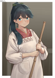 Rule 34 | 1girl, anchor symbol, apron, aqua eyes, bamboo, black hair, broom, commentary request, highres, houshou (kancolle), japanese clothes, kantai collection, kappougi, kimono, long hair, looking at viewer, one-hour drawing challenge, pink kimono, shiromaru (maniado), smile, solo
