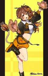 Rule 34 | 1girl, :d, absurdres, animal hands, black footwear, boots, brown eyes, brown hair, crop top, gloves, highres, idenshi hina, lion tail, long hair, looking at viewer, midriff, open mouth, orange shorts, paw gloves, re:act, shishigami leona, shorts, side ponytail, smile, standing, standing on one leg, tail, twitter username, virtual youtuber, yellow background