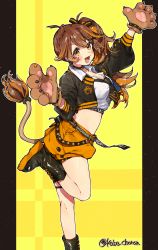 1girl :d absurdres animal_hands black_footwear boots brown_eyes brown_hair crop_top gloves highres idenshi_hina lion_tail long_hair looking_at_viewer midriff open_mouth orange_shorts paw_gloves re:act shishigami_leona shorts side_ponytail smile standing standing_on_one_leg tail twitter_username virtual_youtuber yellow_background