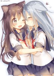 Rule 34 | 10s, 2girls, ;d, absurdres, ahoge, akatsuki (kancolle), animal ears, blush, brown eyes, brown hair, cat ears, cat tail, cheek-to-cheek, cowboy shot, ears down, closed eyes, fang, flat chest, hand on another&#039;s chin, heads together, hibiki (kancolle), highres, kantai collection, kemonomimi mode, long hair, multiple girls, neckerchief, no headwear, no headwear, one eye closed, open mouth, paw print, pleated skirt, red neckerchief, school uniform, serafuku, short sleeves, silver hair, sketch, skirt, smile, tail, twitter username, zuho (vega)