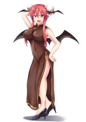 Rule 34 | 1girl, absurdres, alternate costume, alternate hairstyle, arm behind back, armpits, bare arms, bat wings, breasts, brown dress, china dress, chinese clothes, covered navel, double bun, dress, full body, hair bun, hand on own hip, head wings, high heels, highres, impossible clothes, koakuma, large breasts, looking at viewer, masegohan, parted lips, red eyes, red hair, side slit, sidelocks, sleeveless, sleeveless dress, solo, touhou, wings