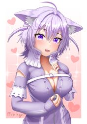 Rule 34 | 1girl, ahoge, animal ear fluff, animal ears, blush, border, breasts, cat ears, cat girl, chest harness, cleavage, collar, commentary, commentary request, english commentary, fangs, harness, heart, heart-shaped pupils, highres, hololive, hythinger, jacket, large breasts, looking at viewer, nekomata okayu, nekomata okayu (membership), official alternate costume, open mouth, pink background, purple eyes, purple hair, purple jacket, short hair, signature, smile, solo, symbol-shaped pupils, two side up, unzipping, upper body, virtual youtuber, white border, zipper, zipper pull tab