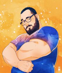 Rule 34 | 1boy, bara, beard, belly, black hair, daisukebear, facial hair, fat, fat man, from below, glasses, highres, large pectorals, light smile, looking at viewer, male focus, mature male, muscular, muscular male, orange background, original, pectorals, realistic, receding hairline, shirt, short hair, solo, stomach, t-shirt, thick mustache, upper body