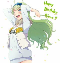 Rule 34 | 1girl, ahoge, arms up, birthday, blue bow, blue eyes, blue hairband, blunt bangs, blush, bow, character name, coat, commentary request, confetti, cowboy shot, english text, eyelashes, fur-trimmed coat, fur trim, green hair, hair bow, hairband, happy birthday, hood, hood down, hooded coat, idolmaster, idolmaster million live!, long hair, long sleeves, looking at viewer, one eye closed, open clothes, open coat, open mouth, oversized clothes, pocket, polka dot, polka dot bow, polka dot hairband, shimabara elena, sleeveless, sleeveless coat, smile, solo, teeth, wavy hair, white background, white coat, white hood, witoi (roa)