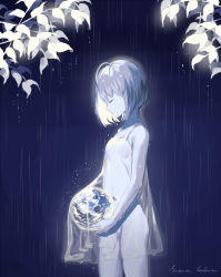 Rule 34 | 1girl, ahoge, artist name, blue background, blue theme, bob cut, closed eyes, commentary request, from side, highres, holding, leaf, monochrome, original, plant, profile, rain, see-through, see-through silhouette, short hair, signature, simple background, solo, splashing, standing, sugata keburu, water drop