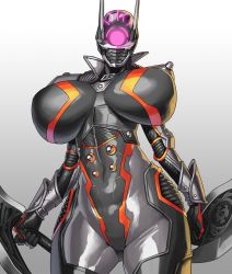Rule 34 | 00s, 1girl, armor, breasts, breasts apart, brunhild (taimanin asagi battle arena), curvy, dual wielding, female focus, full armor, highres, holding, holding weapon, huge breasts, impossible clothes, lilith-soft, obui, shiny clothes, simple background, solo, taimanin (series), taimanin asagi, taimanin asagi kessen arena, thighs, weapon