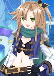 Rule 34 | absurdres, belt, breasts, brown hair, cleavage, crop top, gloves, green eyes, happy, highres, if (neptunia), jacket, long hair, neptune (series), open mouth, ribbon, ryori, scarf, sidetail, small breasts