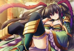 Rule 34 | 1girl, absurdres, adjusting hair, armor, ass, bed, black hair, black thighhighs, blush, boots, braid, breast slip, breasts, breasts apart, breasts out, chinese clothes, clothes pull, female focus, frilled thighhighs, frills, fur trim, gem, gradient hair, hair between eyes, hairband, head tilt, highres, indoors, jewelry, kamidori alchemy meister, knee boots, legs, light smile, long hair, long sleeves, looking at viewer, lying, multicolored hair, naughty face, necklace, nipple slip, nipples, no bra, non-web source, official art, on back, panties, pantyshot, parted lips, pendant, pillar, pillow, reclining, red eyes, shiny skin, shirt pull, smile, solo, sparkle, spread legs, thighhighs, turtleneck, two-tone hair, underwear, very long hair, white panties, wide sleeves, yakuri, yuela