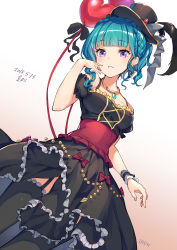 Rule 34 | 1girl, 2018, absurdres, asymmetrical hair, balloon, black dress, black hat, black thighhighs, blue hair, blunt bangs, bow, braid, breasts, copyright name, cowboy shot, crown braid, dated, detached sleeves, dress, earrings, eyelashes, feathers, garter straps, gogo (detteiu de), gradient background, hat, hat feather, highres, jewelry, kingdom hearts, kingdom hearts unchained x, looking at viewer, medium breasts, necklace, puffy detached sleeves, puffy short sleeves, puffy sleeves, purple eyes, red bow, short sleeves, signature, solo, thighhighs, top hat, wristband, zettai ryouiki