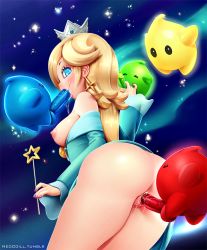 Rule 34 | 1girl, anus, ass, bare shoulders, blonde hair, blue dress, blue eyes, blush, bottomless, breasts, breasts out, crown, dress, earrings, fellatio, from behind, glowing, glowing eyes, group sex, hair over one eye, handjob, highres, jewelry, lips, long hair, looking back, luma (mario), mario (series), monster, multiple penises, nail polish, neocoill, nintendo, nipples, no panties, off-shoulder dress, off shoulder, open mouth, oral, penis, pussy, pussy juice, rosalina, saliva, sex, star (symbol), star earrings, super mario bros. 1, super mario galaxy, uncensored, vaginal, wand