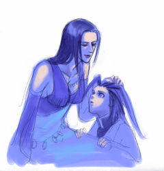 Rule 34 | 00s, 1boy, 1girl, bare shoulders, blue theme, child, detached sleeves, dress, final fantasy, final fantasy x, hand on head, kareji, long hair, looking at another, lowres, mature female, mother and son, seymour guado, seymour guado&#039;s mother, short hair, sketch, aged down