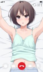 Rule 34 | 1girl, absurdres, aqua camisole, armpits, arms up, blush, bob cut, breasts, brown hair, camisole, collarbone, commentary request, grey shorts, highres, kiona (giraffe kiona), looking at viewer, lying, navel, on back, on bed, original, parted lips, purple eyes, short hair, shorts, small breasts, solo, video call