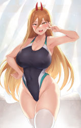 Rule 34 | 1girl, alternate breast size, alternate costume, armpits, bare shoulders, blonde hair, blush, breasts, chainsaw man, cleavage, collarbone, competition swimsuit, covered navel, cross-shaped pupils, curtains, curvy, demon horns, groin, hair between eyes, hand on own hip, highleg, highleg swimsuit, highres, horns, huge breasts, indoors, katsura harufumi, large breasts, long hair, looking at viewer, one-piece swimsuit, open mouth, paid reward available, power (chainsaw man), red horns, sharp teeth, skindentation, smile, solo, standing, swimsuit, symbol-shaped pupils, teeth, thick thighs, thighhighs, thighs, v, wide hips, yellow eyes