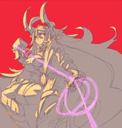 Rule 34 | 1girl, ahoge, armor, breasts, cape, closed mouth, faucre the evil overlord, gauntlets, glowing, glowing eyes, greaves, hair between eyes, holding, holding weapon, holding whip, horned headwear, horns, large breasts, last origin, long hair, navel, pauldrons, red background, shoulder armor, simple background, sketch, smile, solo, spikes, very long hair, weapon, whip, yan (age0614), yellow eyes