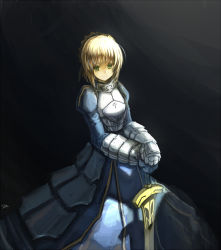 Rule 34 | 1girl, ahoge, armor, armored dress, artoria pendragon (fate), blonde hair, dress, excalibur (fate/stay night), fate/stay night, fate (series), gauntlets, green eyes, hair ribbon, hands on hilt, planted sword, planted, ribbon, saber (fate), solo, stk, sword, weapon