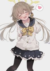 Rule 34 | 1girl, arms behind back, blue archive, collarbone, eip (pepai), closed eyes, hair ornament, halo, happy, heart, hifumi (blue archive), light brown hair, low twintails, open mouth, pantyhose, ribbon, school uniform, simple background, solo, spoken heart, twintails