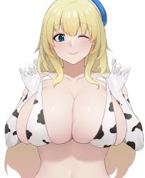 Rule 34 | 1girl, absurdres, animal print, aqua hat, atago (kancolle), beret, bikini, blonde hair, blue eyes, blush, breasts, cleavage, closed mouth, collarbone, cow print, gloves, hat, highres, huge breasts, kantai collection, long hair, one eye closed, smile, solo, swimsuit, takaman (gaffe), upper body, white bikini, white gloves