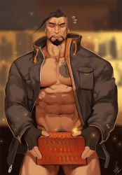 Rule 34 | 1boy, abs, alternate costume, bandaid, bandaid on cheek, bandaid on face, bara, bare pectorals, beard, black hair, bulge, cyphers, damian doyle (cyphers), dark-skinned male, dark skin, facial hair, gomtang, jacket, large pectorals, male focus, male pubic hair, mature male, mohawk, muscular, muscular male, naked jacket, navel, navel hair, nipples, overwatch, overwatch 1, pectoral cleavage, pectorals, pubic hair, short hair, sideburns, sidepec, solo, stomach, stubble, thick thighs, thighs, third-party source