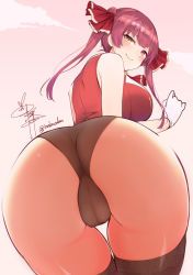Rule 34 | 1girl, ass, black panties, blush, breasts, cameltoe, cleft of venus, closed mouth, from below, gloves, heterochromia, highres, hololive, houshou marine, huge ass, inabaoden, large breasts, looking at viewer, looking back, panties, purple hair, red eyes, red vest, shiny skin, sky, smile, solo, thighhighs, twintails, twitter username, underwear, vest, virtual youtuber, white gloves, yellow eyes