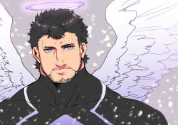 Rule 34 | 1boy, angel, angel wings, bara, beard, black bodysuit, bodysuit, expressionless, facial hair, feathered wings, halo, highres, light particles, looking at viewer, male focus, muscular, muscular male, nether angel (housamo), pectorals, portrait, purple eyes, short hair, skin tight, solo, stubble, tokyo houkago summoners, upper body, wings, zabaniyan