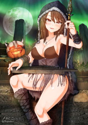 Rule 34 | 1girl, armpits, aurora, blush, bottomless, breasts, brown eyes, brown hair, cleavage, collarbone, fake horns, full moon, girls und panzer, halloween, halloween costume, helmet, highres, hood, horned helmet, horns, jack-o&#039;-lantern, jewelry, large breasts, long hair, looking at viewer, megadeko, mika (girls und panzer), moon, necklace, night, night sky, no panties, open mouth, polearm, pumpkin, sky, smile, solo, spear, weapon