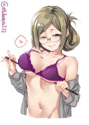 Rule 34 | 1girl, bare shoulders, blush, bra, breast lift, breasts, closed mouth, collarbone, ebifurya, folded ponytail, glasses, green eyes, groin, heart, highres, holding, kantai collection, katori (kancolle), light brown hair, long sleeves, looking at viewer, medium breasts, off shoulder, open clothes, pointer, riding crop, semi-rimless eyewear, simple background, smile, solo, spoken heart, twitter username, under-rim eyewear, underwear, upper body, white background