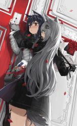 Rule 34 | 2girls, against wall, animal ears, arknights, bare legs, belt pouch, black capelet, black coat, black gloves, black hair, black nails, blush, bouquet, capelet, coat, commentary, commission, cowboy shot, english commentary, envelope, eyelashes, fingerless gloves, flower, gloves, grey gloves, highres, holding, holding bouquet, jacket, lappland (arknights), long hair, looking at another, marble (marblesized), material growth, multiple girls, nail polish, open mouth, oripathy lesion (arknights), parted lips, penguin logistics logo, petals, pouch, red eyes, rose, rose petals, scar, scar across eye, scar on face, silver hair, skeb commission, star (symbol), tail, texas (arknights), white jacket, wolf ears, wolf tail, yuri