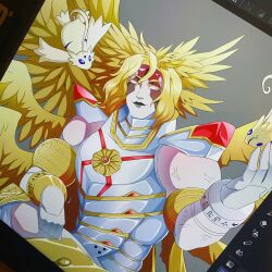 Rule 34 | armor, blonde hair, digignome, digimon, digimon (creature), highres, holy ring, lucemon falldown mode, lucemon x-antibody, muscular, muscular male, wings