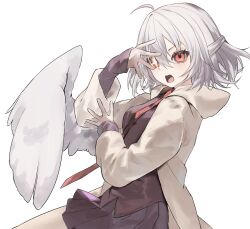 Rule 34 | 1girl, ahoge, commentary, commeowdore, commission, english commentary, half updo, highres, kishin sagume, long sleeves, looking at viewer, necktie, open mouth, pleated skirt, red eyes, red necktie, simple background, single wing, skirt, solo, touhou, white background, wings