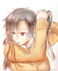 Rule 34 | 1girl, artist request, brown hair, enomoto takane, kagerou project, long hair, orange shirt, red eyes, shirt, sketch, solo, sweater, white background