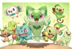 Rule 34 | black eyes, bulbasaur, chespin, chikorita, closed mouth, colored sclera, creatures (company), crossed arms, falling leaves, fangs, flying, game freak, gen 1 pokemon, gen 2 pokemon, gen 3 pokemon, gen 4 pokemon, gen 5 pokemon, gen 6 pokemon, gen 7 pokemon, gen 8 pokemon, green background, grookey, half-closed eyes, hand on own chin, hands up, jumping, kemonomichi (blue black), leaf, midair, nintendo, open mouth, pokemon, pokemon (creature), red eyes, rowlet, shadow, signature, snivy, sprigatito, stroking own chin, treecko, turtwig, yellow sclera