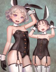 Rule 34 | 2girls, :d, animal ears, arm up, armpits, arms up, bare shoulders, black leotard, bunny day, buttons, contrapposto, detached collar, garter straps, leotard, looking at viewer, multiple girls, murata range, open mouth, original, playboy bunny, purple eyes, rabbit ears, rabbit pose, rabbit tail, smile, strapless, strapless leotard, tail, thighhighs, white hair, wrist cuffs
