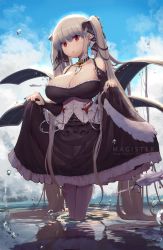 Rule 34 | 1girl, aircraft, airplane, azur lane, between breasts, black dress, black nails, breasts, cleavage, clothes lift, detached collar, dress, dress lift, earrings, flight deck, formidable (azur lane), frilled dress, frills, grey hair, hair ribbon, highres, jewelry, large breasts, lifted by self, long hair, magister, nail polish, pantyhose, red eyes, ribbon, ripples, solo, twintails, two-tone dress, two-tone ribbon, very long hair, wading, water, watermark, web address, white pantyhose