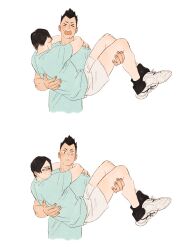 Rule 34 | &gt; &lt;, 2boys, arms around neck, black eyes, black hair, blue shirt, carrying, character request, chengongzi123, closed eyes, closed mouth, commentary, cropped legs, full body, haikyuu!!, hands up, highres, looking at viewer, male focus, multiple boys, open mouth, princess carry, shirt, shoes, short hair, short sleeves, shorts, simple background, sneakers, spiked hair, symbol-only commentary, t-shirt, very short hair, white background, white footwear, white shorts, yaoi