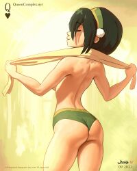 Rule 34 | 1girl, 2022, animated, animated gif, artist name, ass, avatar: the last airbender, avatar legends, black hair, breasts, commentary, cowboy shot, drying, drying body, english commentary, english text, from behind, furrowed brow, green hairband, green panties, hair bun, hairband, hands up, looking at viewer, looking back, looping animation, medium breasts, panties, parted lips, queen complex, short hair, single hair bun, solo, standing, thighs, toph bei fong, topless, towel, underboob, underwear, washa animations, watermark, web address, wedgie, yellow background