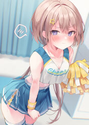 Rule 34 | 1girl, bare shoulders, blush, breasts, cheerleader, collarbone, crop top, ebihara beniko, hair ornament, hairclip, highres, holding, holding pom poms, light brown hair, long hair, looking at viewer, midriff, miniskirt, navel, original, pleated skirt, pom pom (cheerleading), pom poms, purple eyes, skirt, small breasts, solo, thighhighs